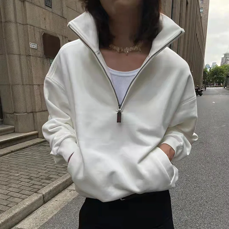 

China Manufacture Casual Half Zipper Pullover Solid Color Top Stand Collar Plus Velvet Sweatshirt, Pink, grey , black , blue, customzied