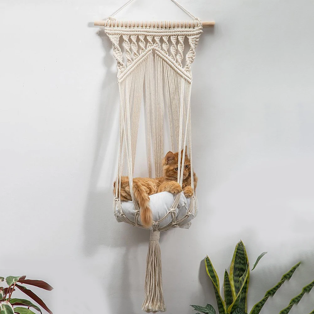 

Artilady Macrame Cat Hammock Macrame Hanging Swing Cat Dog Pet Bed for Indoor Cats Hand-Woven Hanging Basket