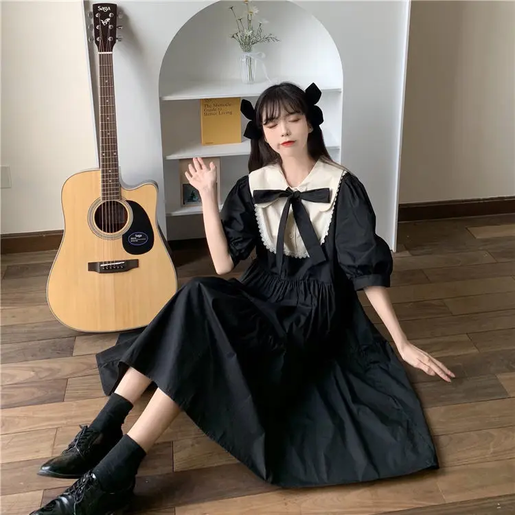 

Elegant Vintage Summer Dress Summer Maxi Womens Dresses Sweet Cute Puff Sleeve Preppy Style Sundress Ladies Dress, Black