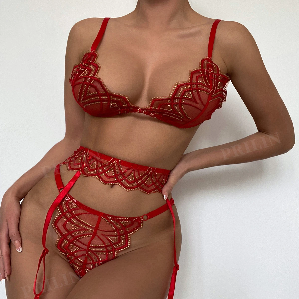 

3 Piece Women'S Sexy Mesh Saint Valentin See Through Lingeries Bow Floral Embroidery Knit Suspender Belt Lingerie Set