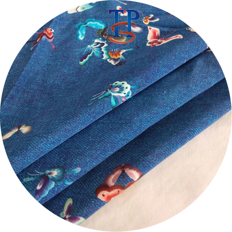 
40MM custom blue butterfly digital printing 95% silk 5% elastic spring heavy crepe de chine fabric 