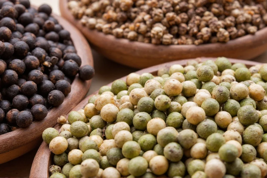 Close-up view of black peppercorns, white pepper grains, and green peppercorns in separate bowls showing their distinct colors and textures
