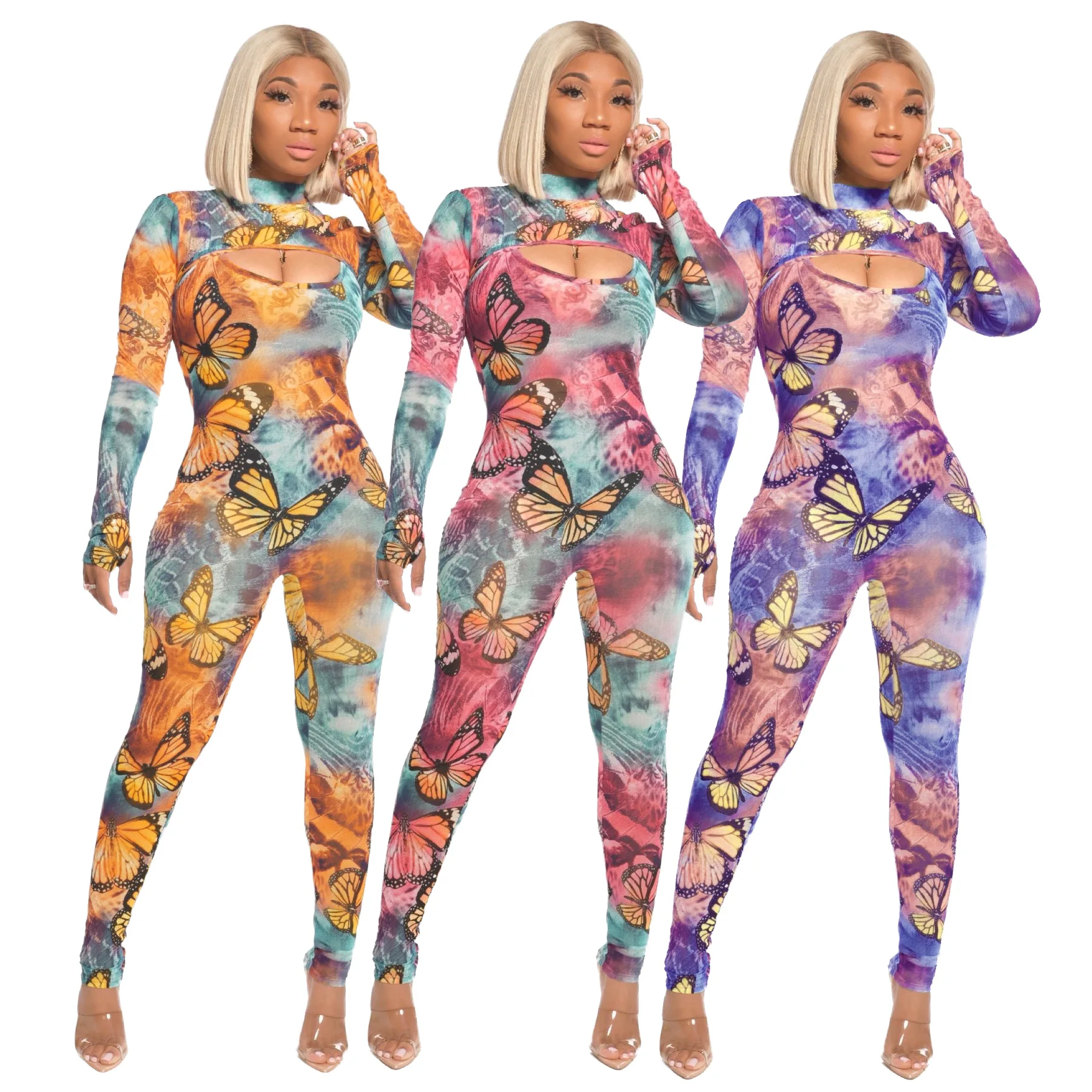 

Foma A6583 Hot selling butterfly tie dye printed long sleeve one piece lady jumpsuit dropship office clothing, Picture