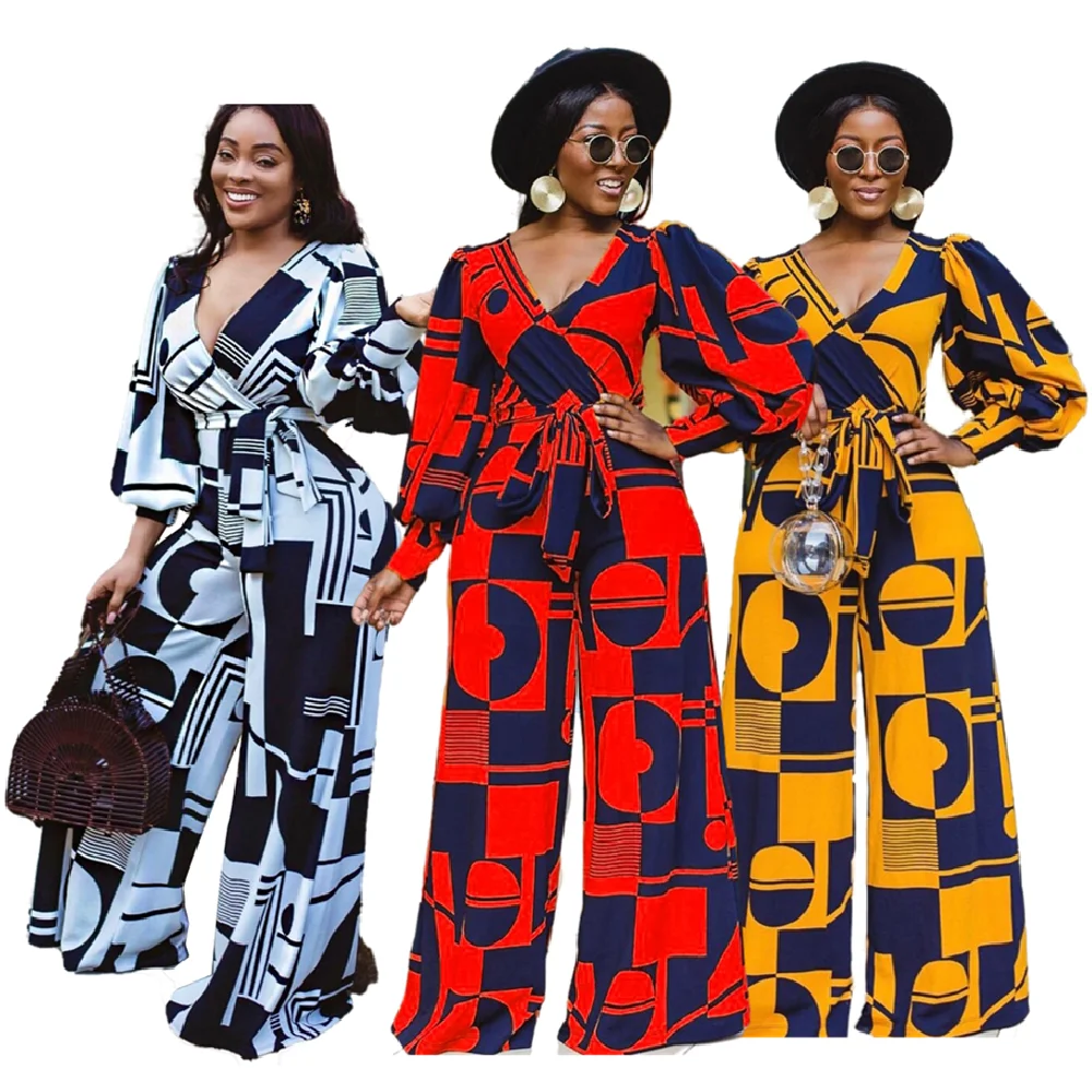 

C8431 Fall Winter High Waist V Neck Printed Wide Leg Casual Plus Size Jumpsuit Bandage Straight African Jumpsuit women jumpsuits