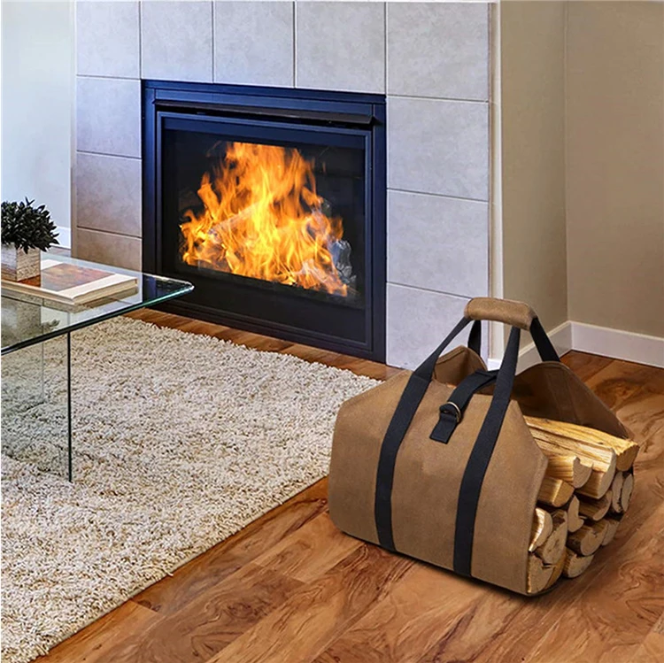 

CHRT Hot Sale Waxed Canvas Log Holder Firewood Carrier Tote Bag Durable Canvas Firewood Log Carrier, Brown or customized