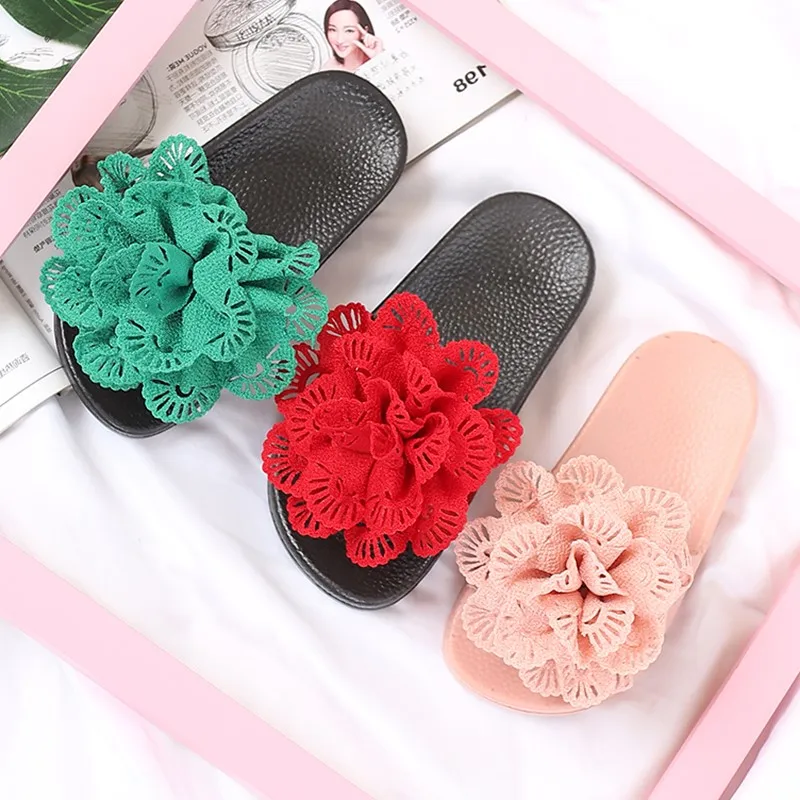 
Girls Solid Flower Anti slip Slippers Kids Outside Summer Footwear With Soft Bottom Green Pink Red Drop Shipping Slippers 