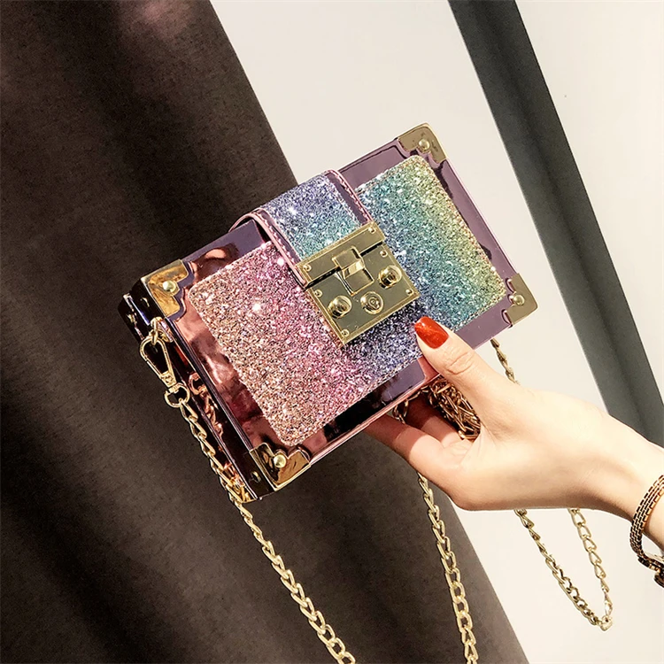 

New Korean version box chain bags fashion sequins small box crossbody bag chain bag women, Accept customized color