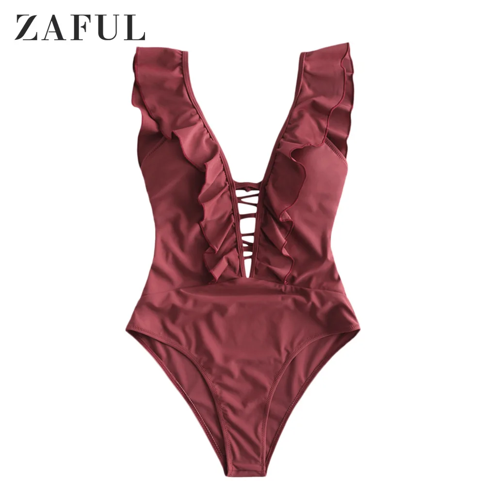 

ZAFUL Lattice Criss-Cross Ruffle Sexy Swimwear Women High Cut One-Piece Swimsuit, Multi-colored options