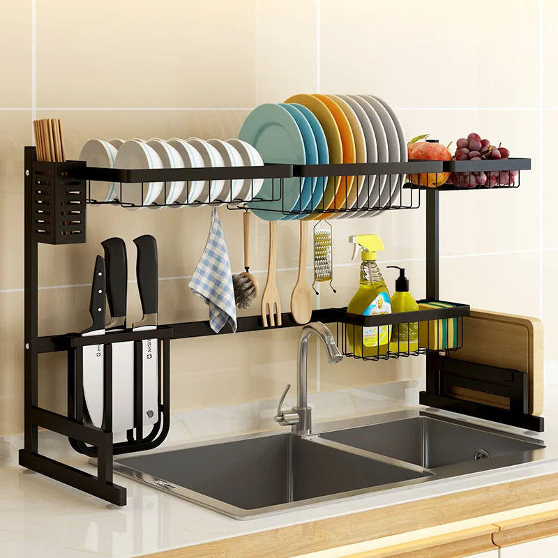 

Stainless Steel sink Rack In Kitchen. Multi-Unction Rack For Storage And Draining Of Dishes, Black