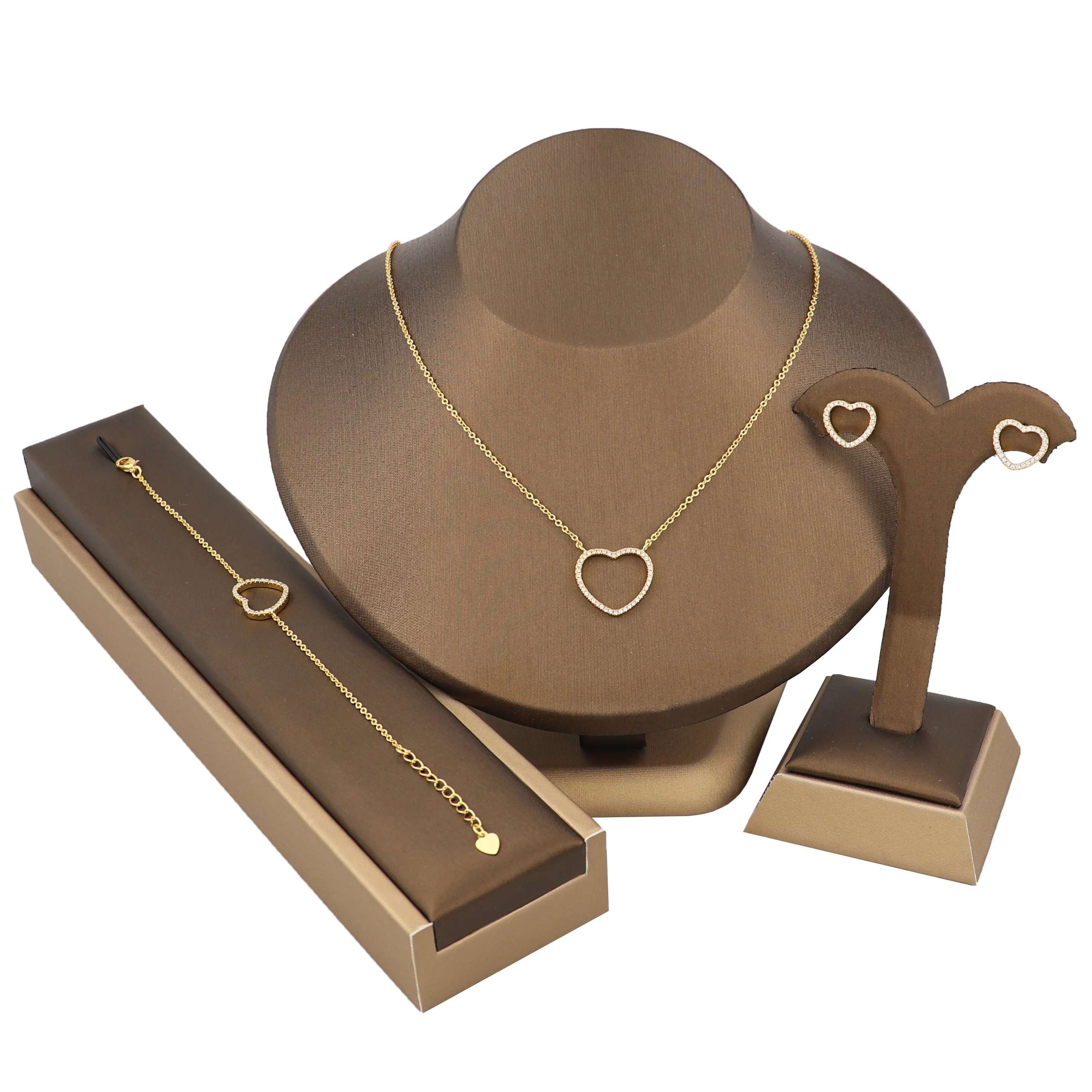 

Simple design 3 pieces set gold plated zircon hollow heart Necklace bracelet earrings set jwelery women jewelry set