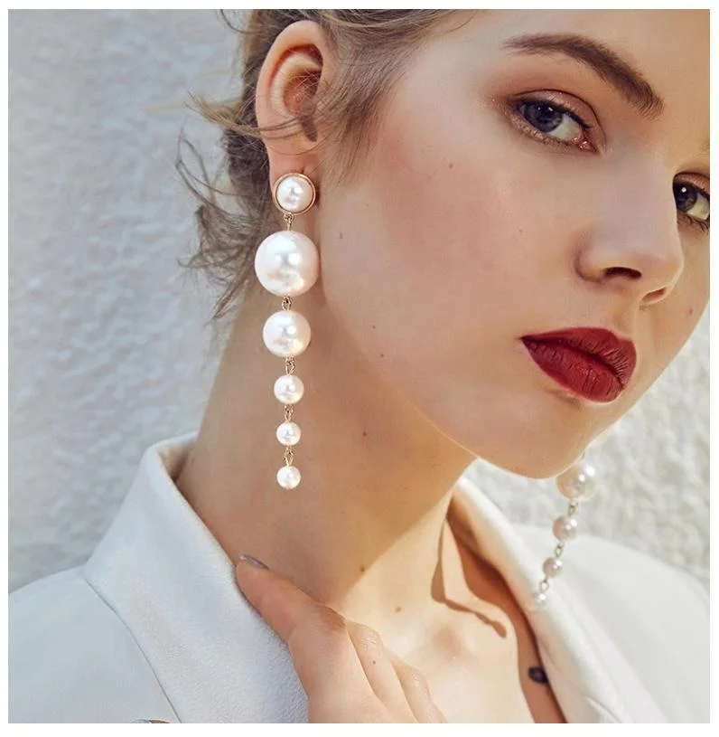 

Drop Earrings Wholesale Fashion Simple Elegant Big Pearl Long Dangle Earrings For Women Korean Jewelry