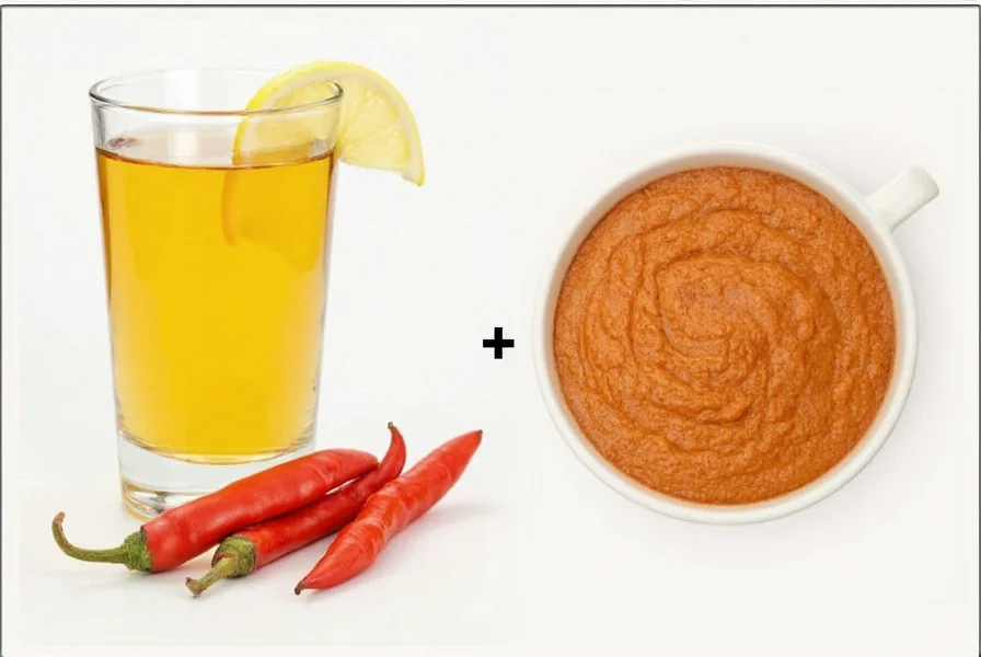 Step-by-step preparation of cayenne pepper lemon shot showing measuring ingredients and mixing in glass