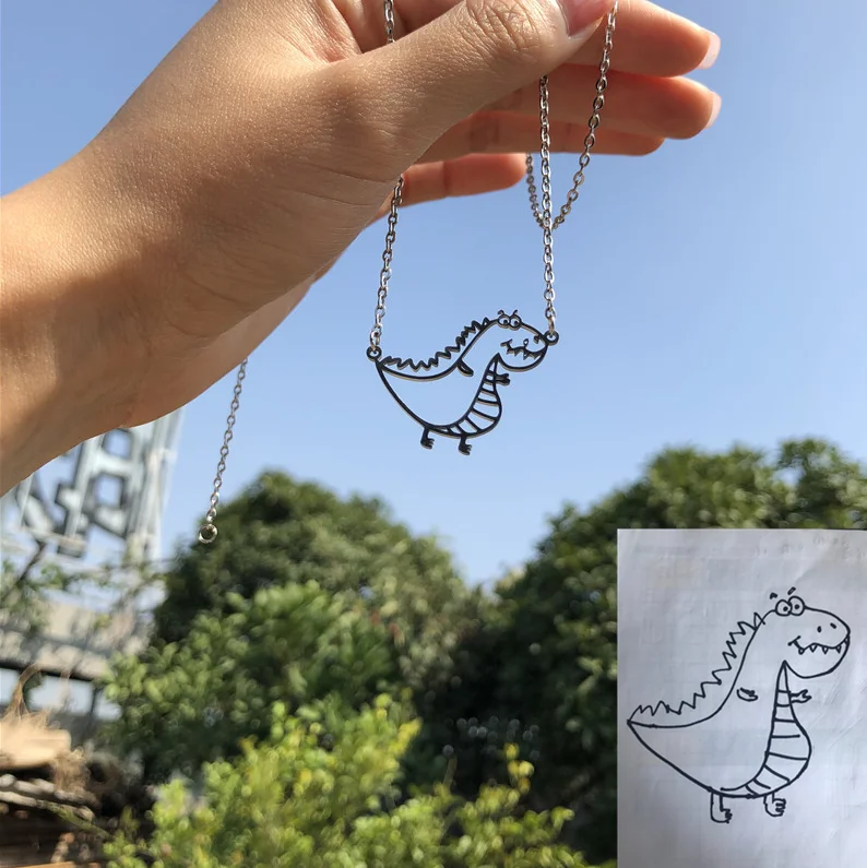 

Stainless steel custom child keyring 18k gold plated imitating kids drawing personalized doodle necklace