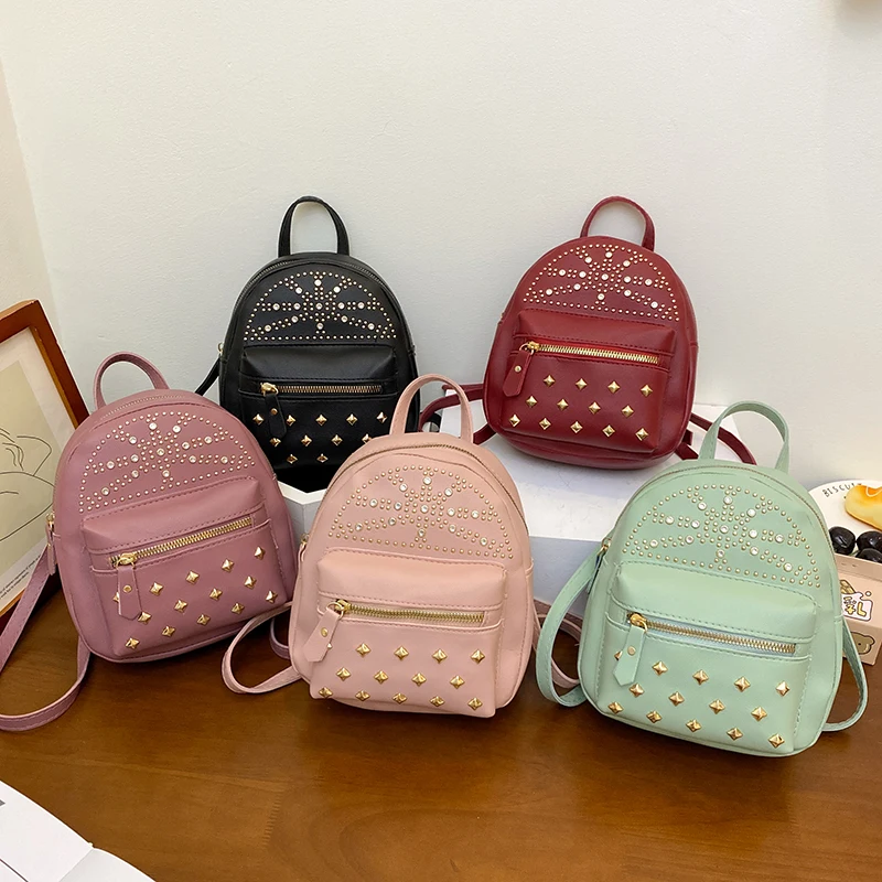 

All-match trend change Ladies Fashion Rivet diamond Casual Backpack Multifunctional travel mini backpack, Red, green, black, pink, bean pink