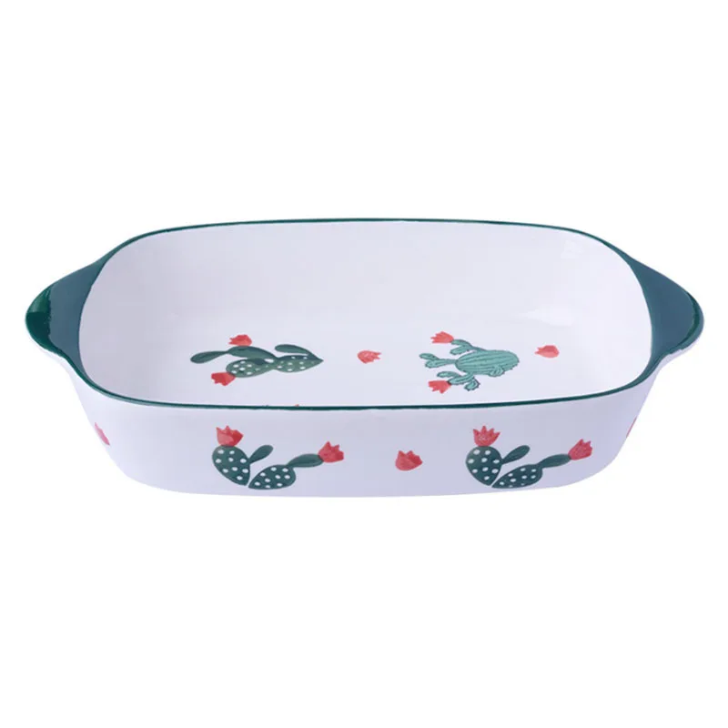 

Wholesale Nordic ceramic tableware rectangular binaural baking pan hand painted ceramic dinner plate microwave oven baking plate, Customized color