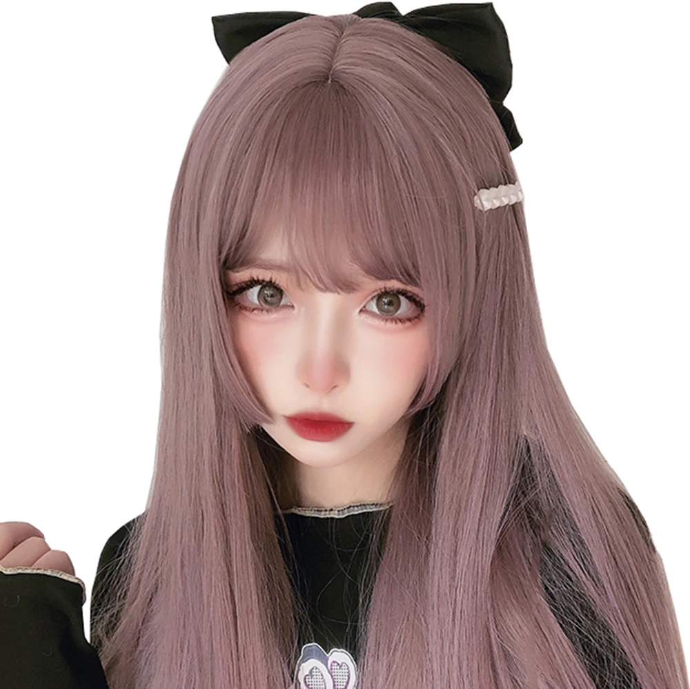 

Synthetic Thin Rattan Color Gray Purple Long Straight Hair Wig Grooming Face Harajuku Girls Cosplay Party Wigs, Pic showed