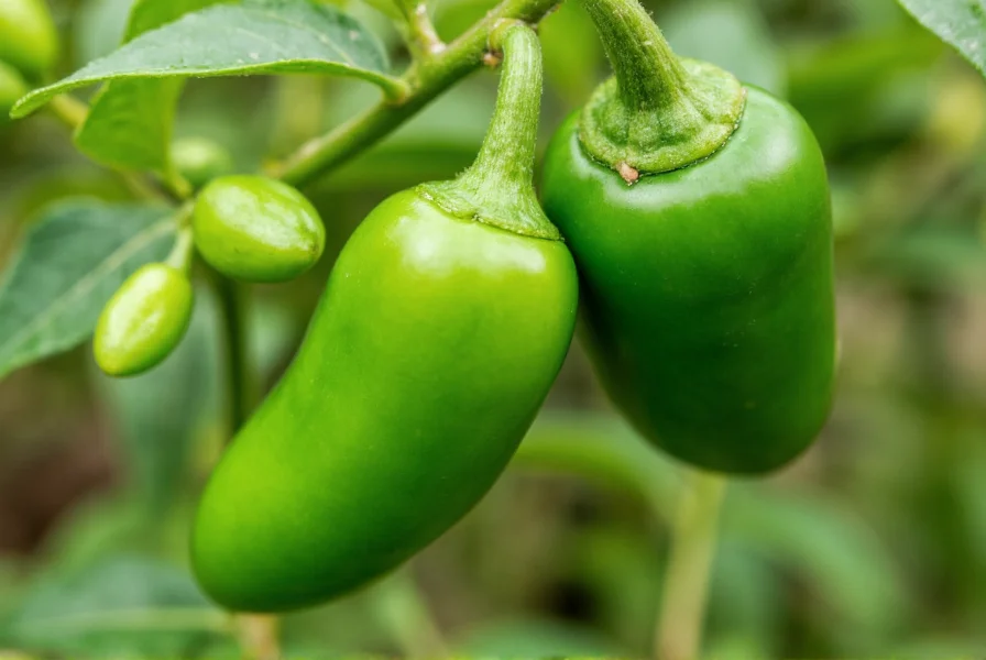 Close-up of ripe jalapeño peppers on plant showing vibrant green color and firm texture