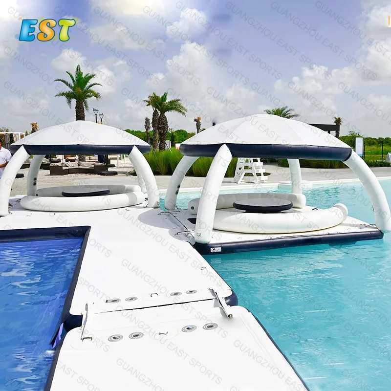 

Swimming platform inflatable floating dock Play water floating pub platform with tent, Grey, white, teak brown/black,