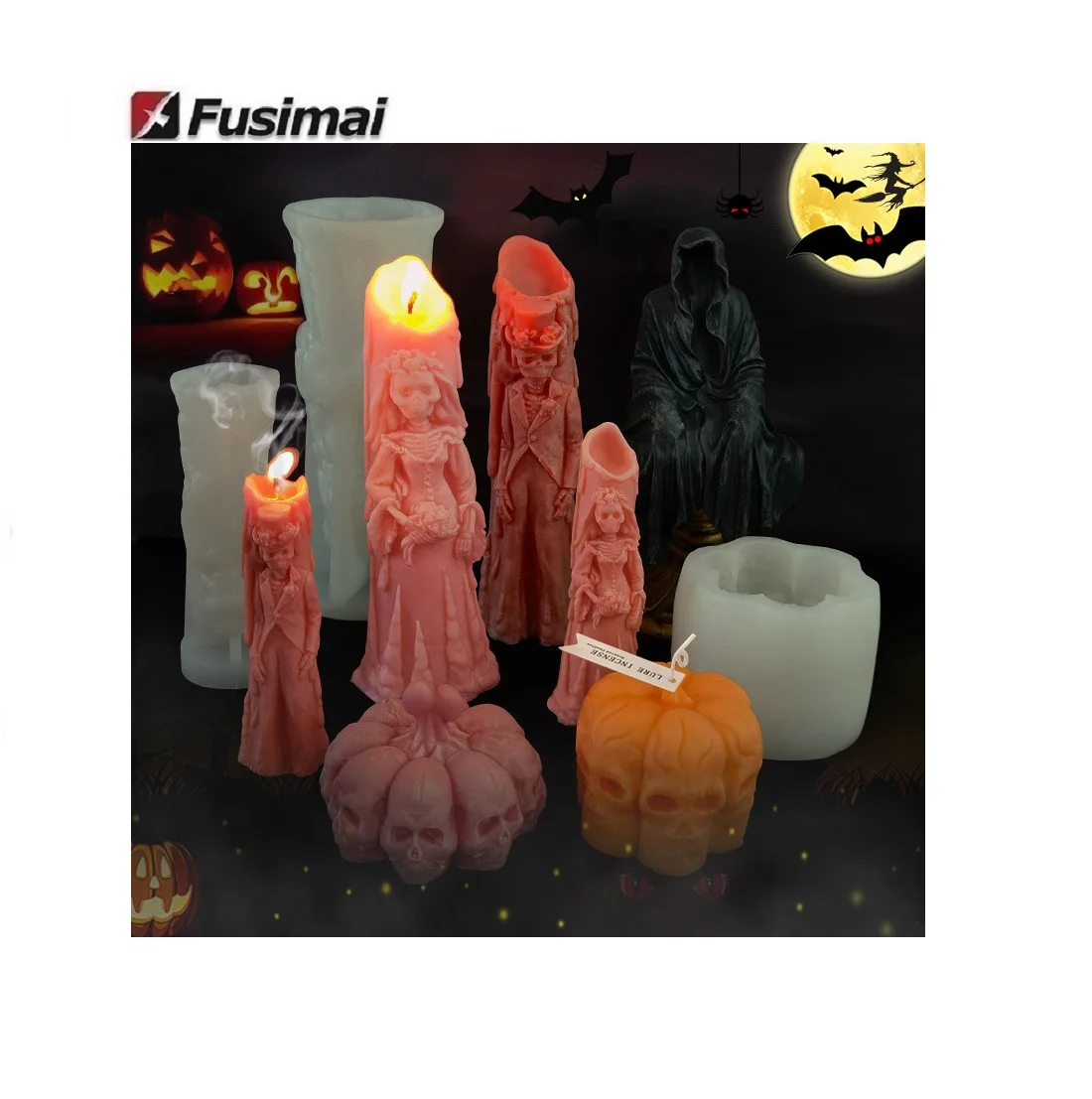 

Fusimai Halloween Silicon Wax Mould Ghost Bride Pumpkin Skulls Silicone Candle Molds, Customized color