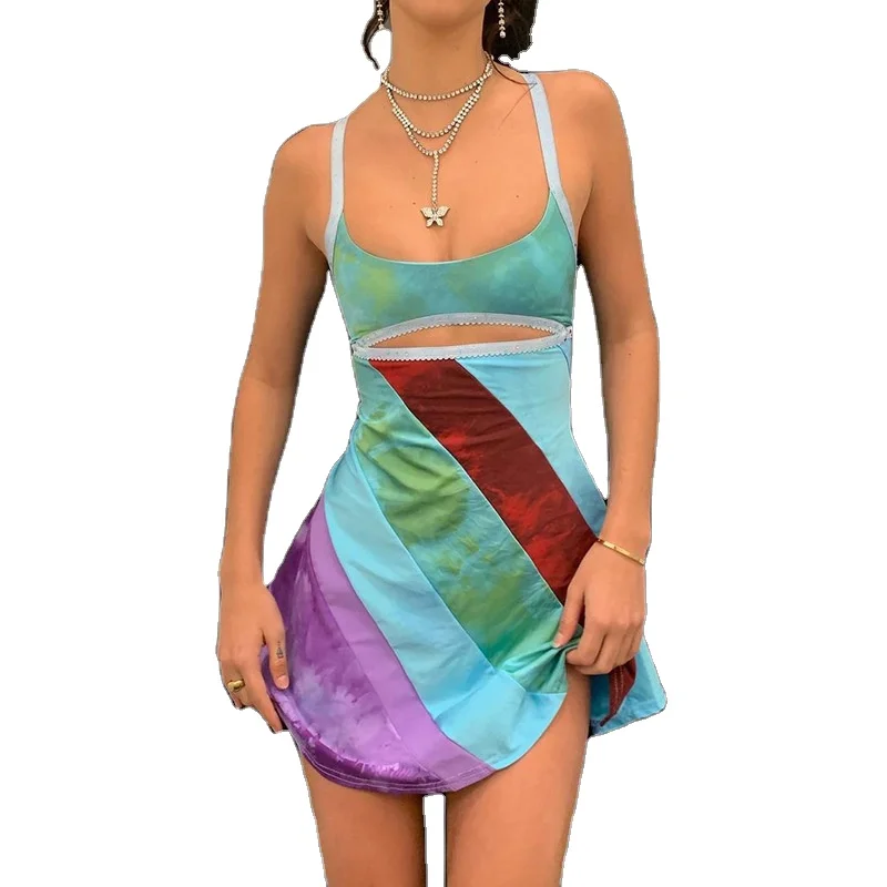 

New Hot Sale Fashion U-Neck Display Chest Stitching Hollow Dress Summer Dress Sexy Contrasting A-Line Skirt Sling Dress