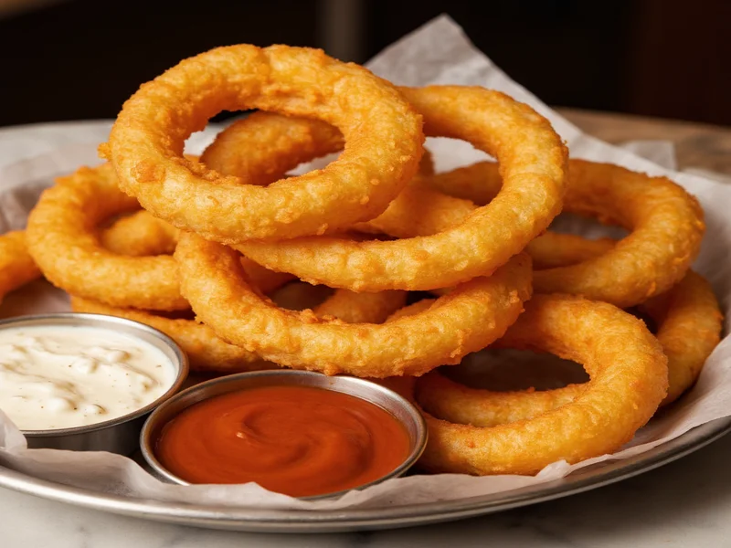 Perfectly golden onion rings served with dipping sauces