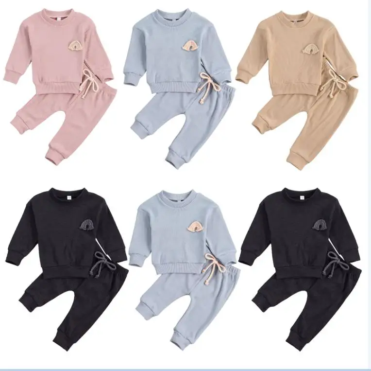 

Baby Girls Boys Solid Color Clothes Set, Rainbow Embroidery Long Sleeve O-neck Tops + Drawstring Waist Long Pants, Picture shows