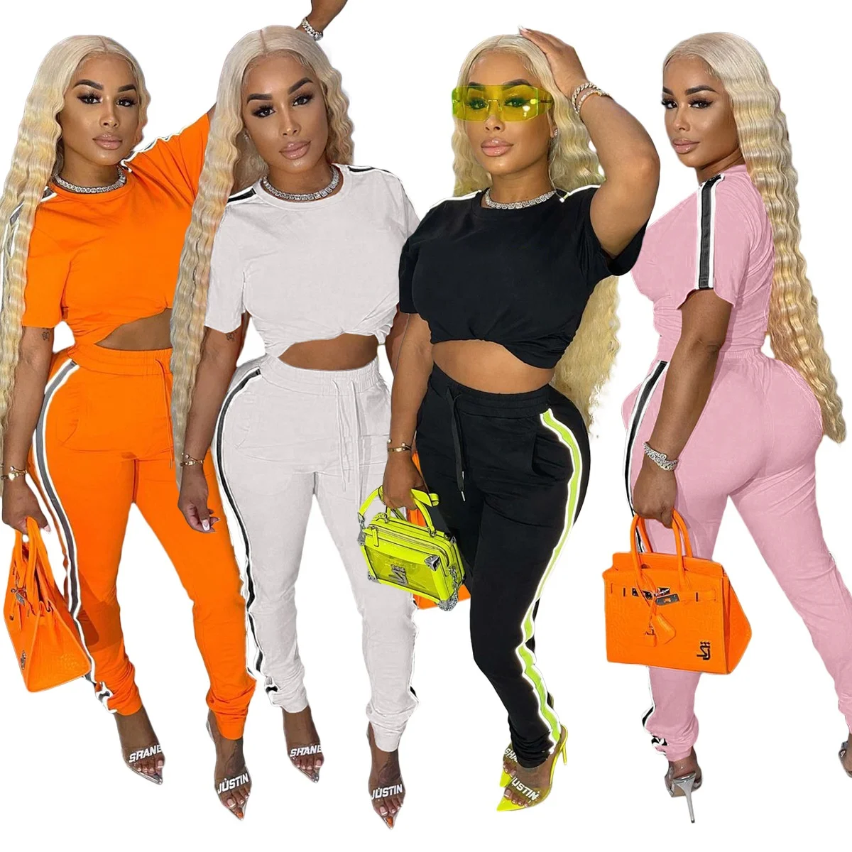 

Summer autumn women Causal outfit solid color fashion tracksuit sports two piece set women, White/pink/orange/black