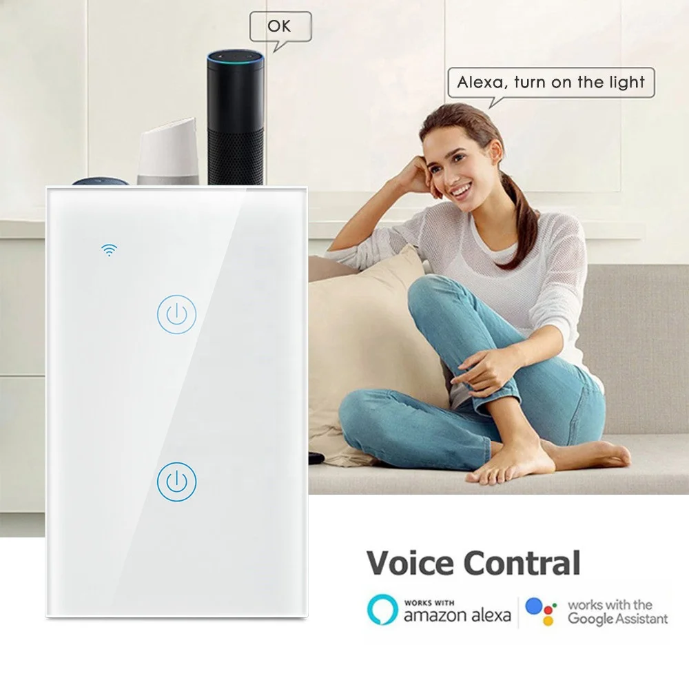 
Wholesale US WiFi 2 Gang Touch Switch Electrical Switch 220V/2.4GHz Wi-fi Remote Light Switch Smart Home Works with Alexa google 