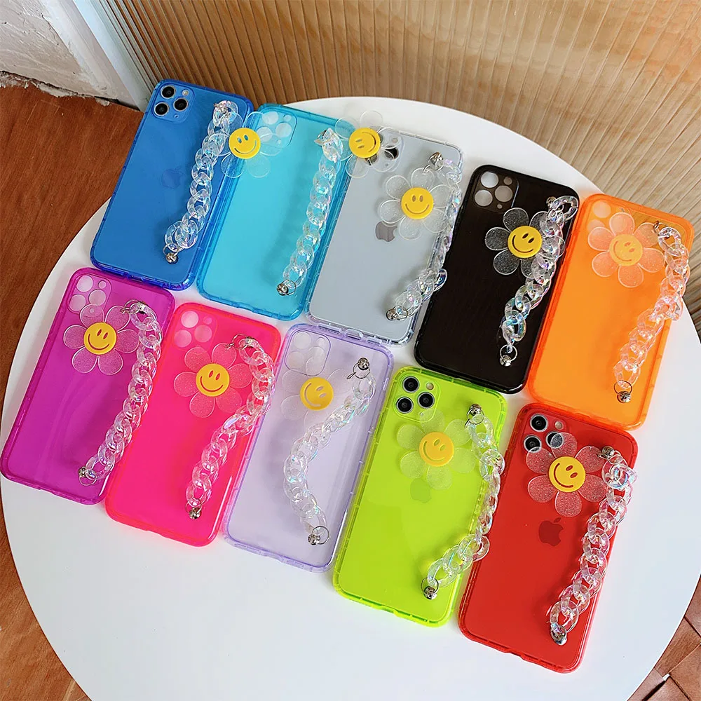 

Fluorescent Wrist Chain Phone Case For iPhone 11 Pro Max XR X XS Max 7 8 Plus Cute 3D Sunflower Crystal Bracelet Soft Cover