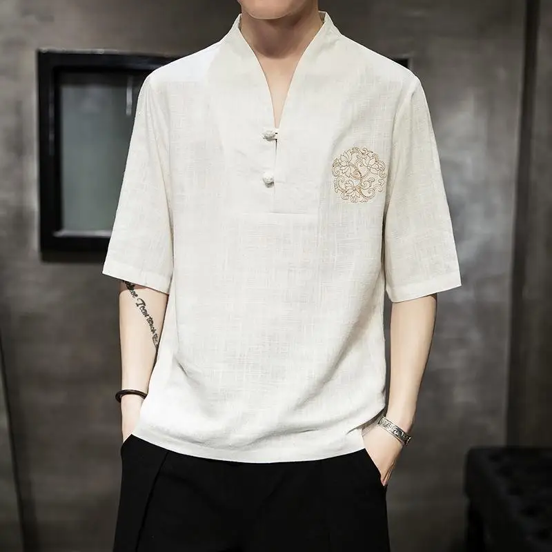 

High quality white V neck hemp Embroidered Floral chinese style t-shirt