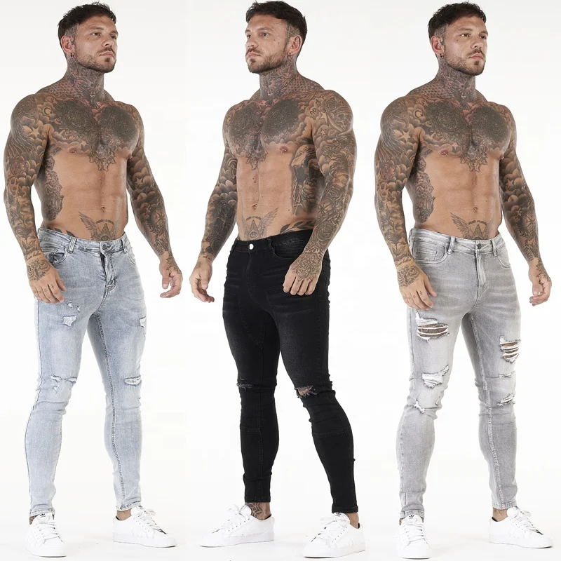 

Custom labels private label ripped mens jeans denim distressed skinny jeans stretch jeans for men, Blue/black jeans