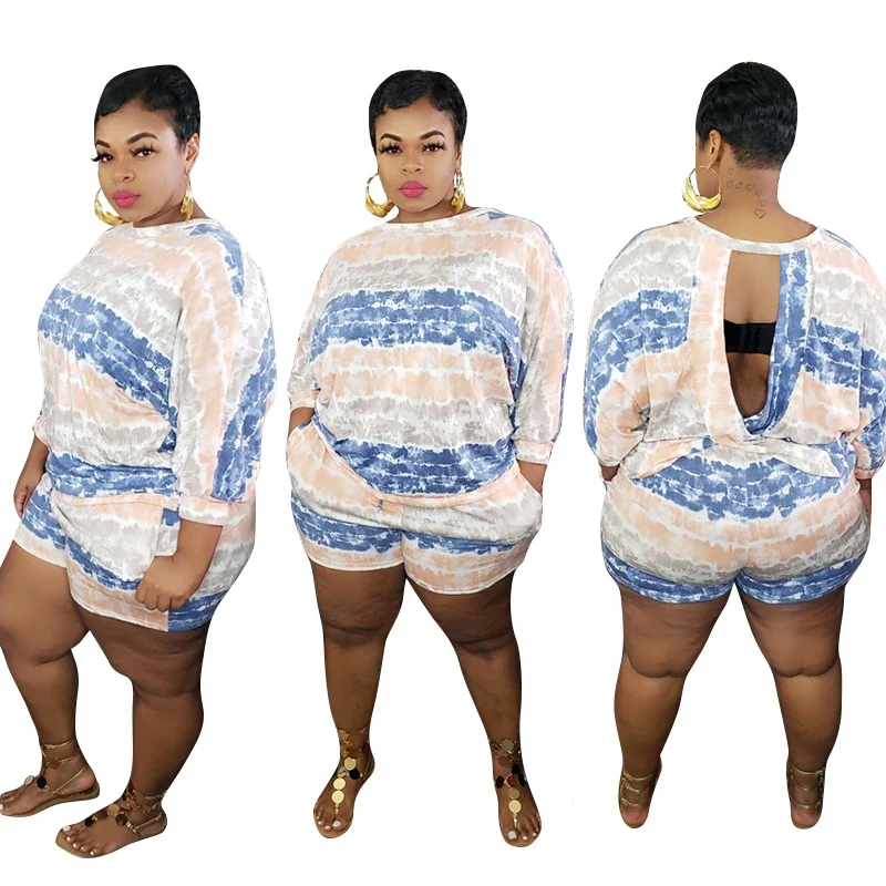 

In Stock Long Sleeve Tops Short Joggers Pants Plus Size 2 Piece Set Women Clothing