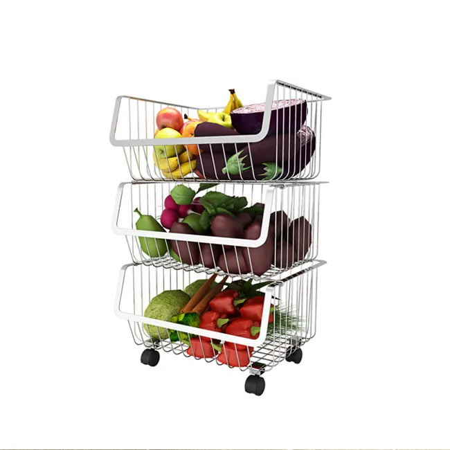 

3 Tier Metal Wire Organizer Fruit Vegetable Shelves Home Goods Storage Baskets with Rolling Wheels