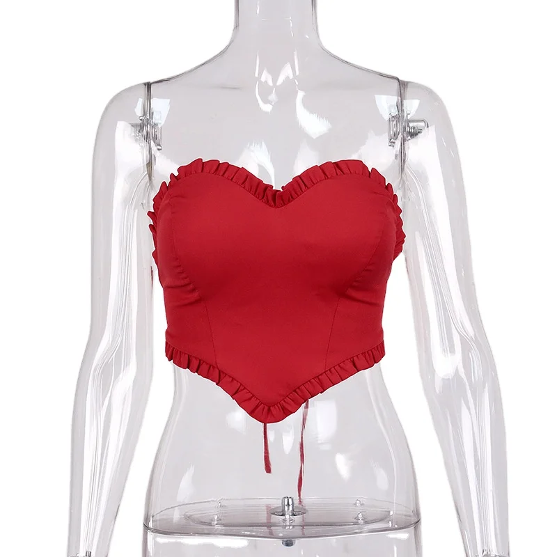

Womens tube crop top with bra vintage scalloped edges backless corset fashion lace up, Red