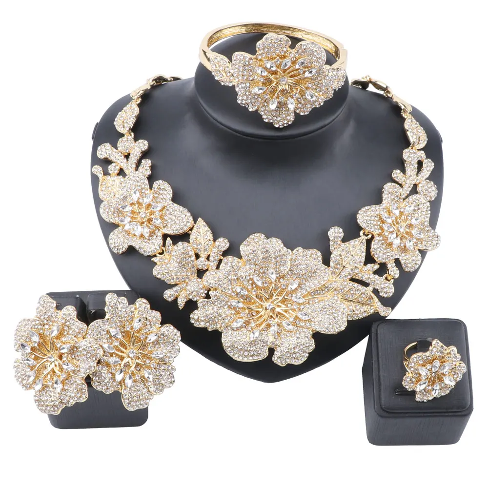 

2021 Women's gold plated wedding Crystal Multicolored String Statement Necklace Earrings Bracelet Ring Bridal Jewelry Set