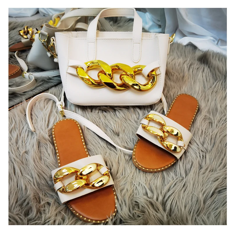 

Summer fashion new design slippers big chain sandals women shoes and bag set, All color available