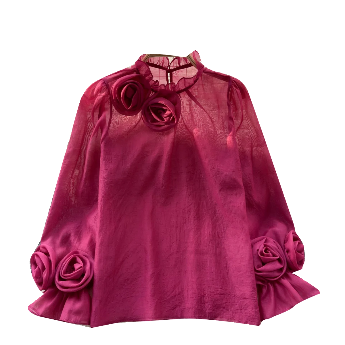 

French shirt female three-dimensional flower bubble sleeves versatile solid color chiffon shirt female long sleeved top