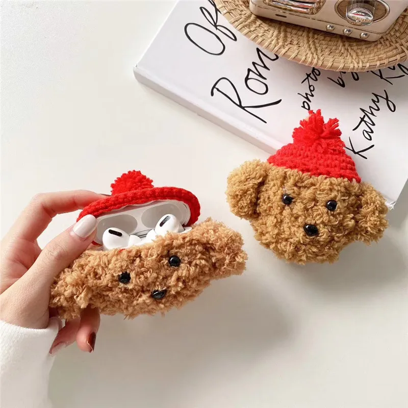 

Creative Cute Cartoon Teddy Earphone Sleeve Plush Anti-drop Sleeve soft Shell with Hook Cases Cover for AirPods 1/2 Pro