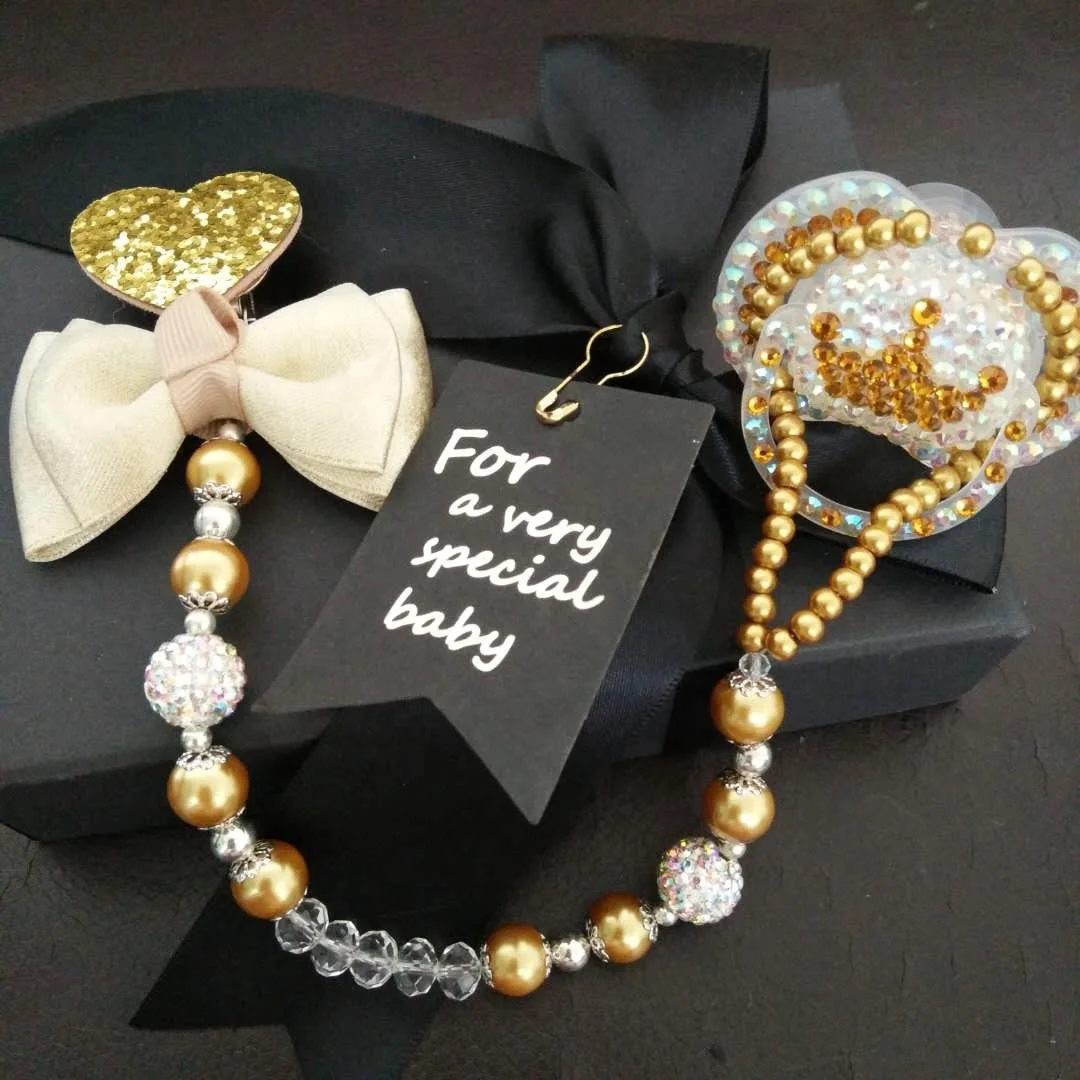 

Gold Pearl Bead Pacifier Clip Custom Name Baby Nipple Strap Bling Soother