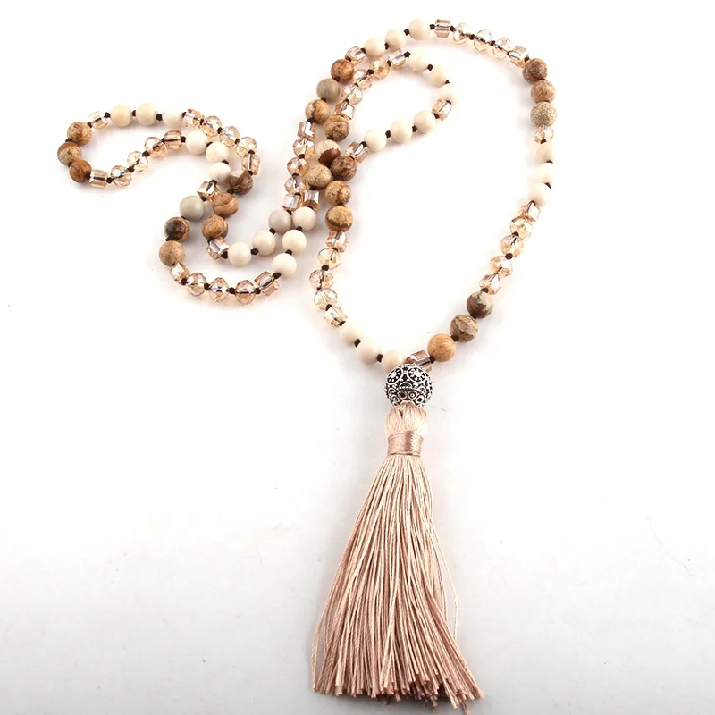 

Fashion Jewelry Women Natural Stone Pic Jasper Square crystal Knotted metal ball Link Beige Tassel Necklace