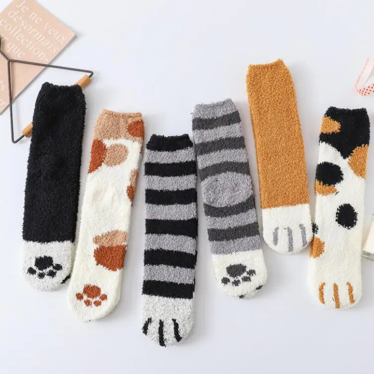 

Winter new coral velvet cute cartoon cat paws pattern warm women socks, Picture shown
