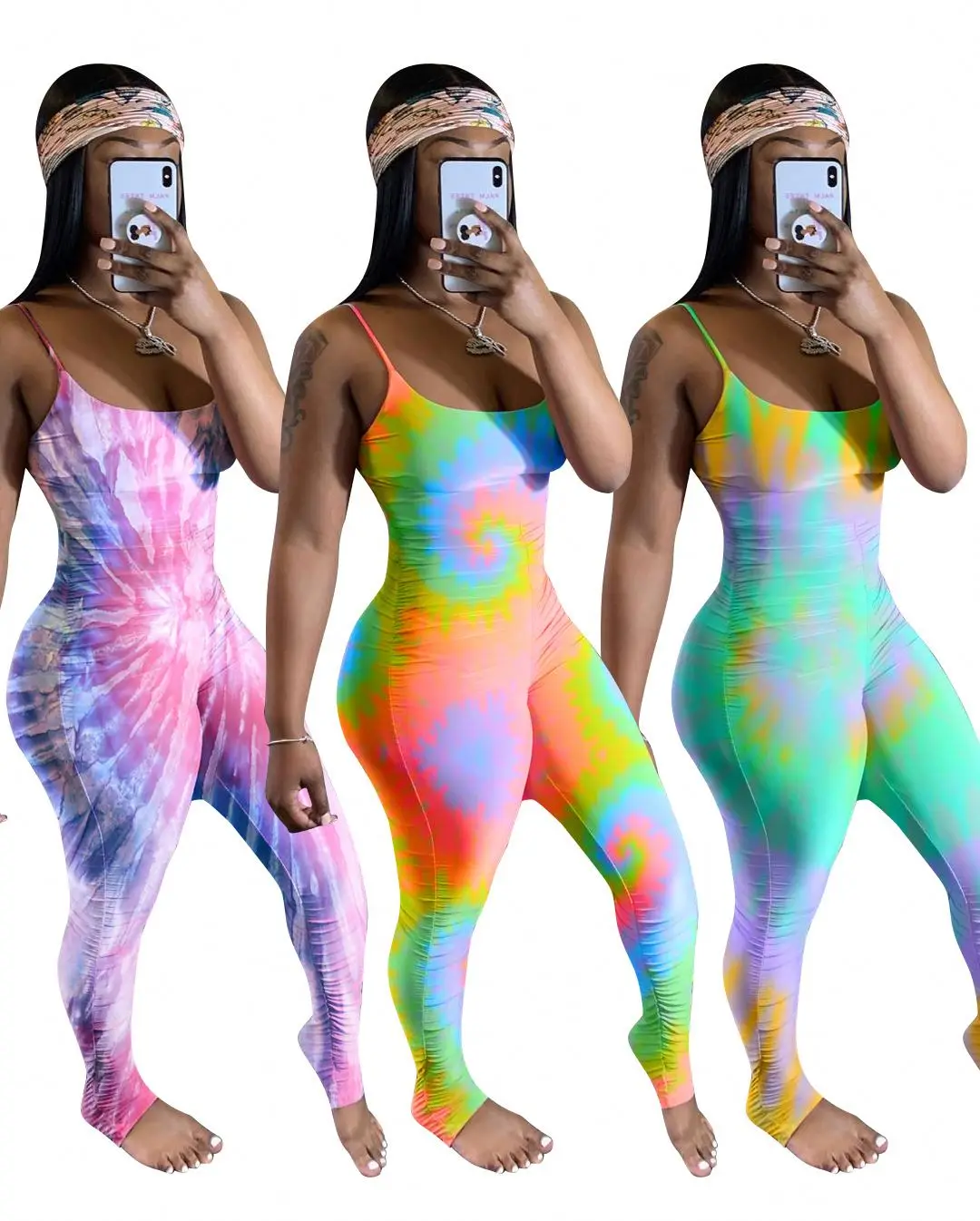 

2020 Wholesale summer new fashion women ladies plus size spaghetti strap one piece stacked ruched tie dye jumpsuit, Photo shows