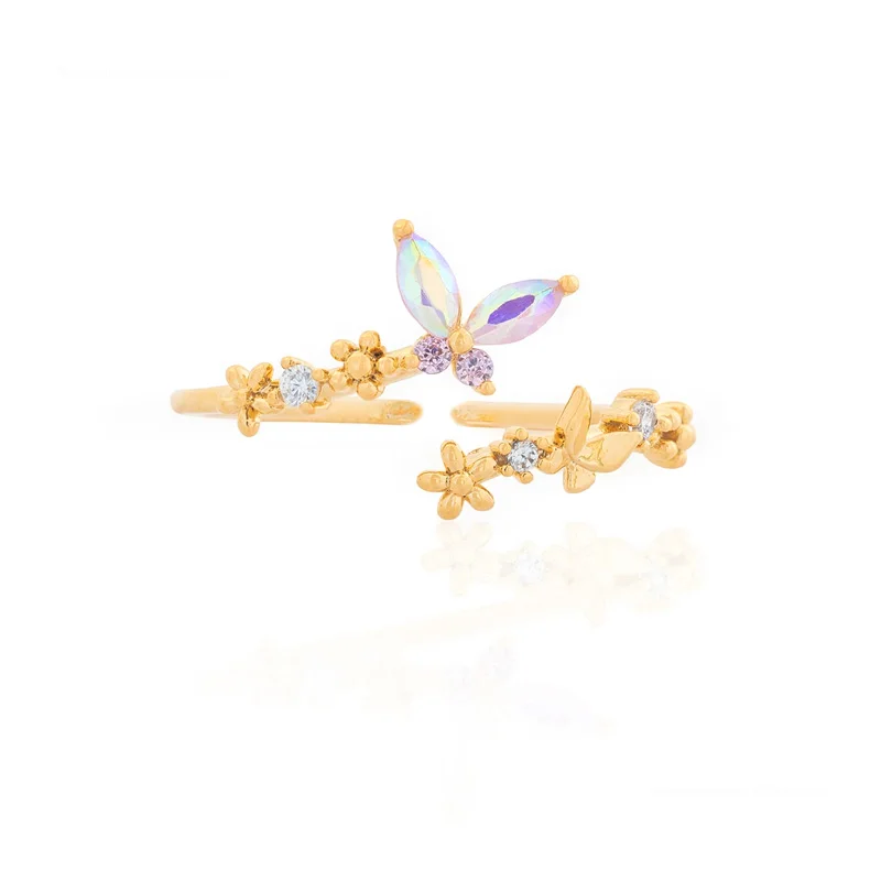 

Open Adjustable Ring Gold Plated Opal Couple Diamond Ring Butterfly