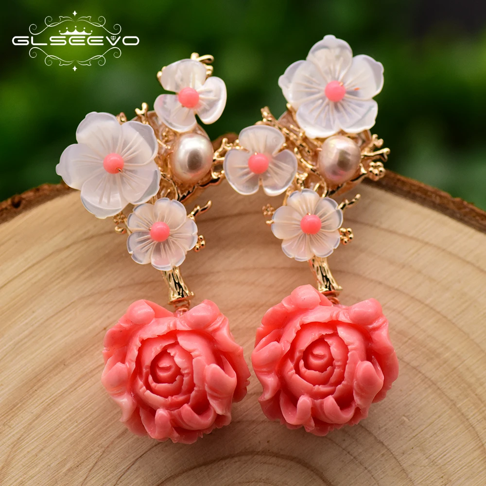 

Real 925 Sterling Silver Pink Coral Drop Earrings White Pearl Pink Natural Shell Flower Dangle Earrings