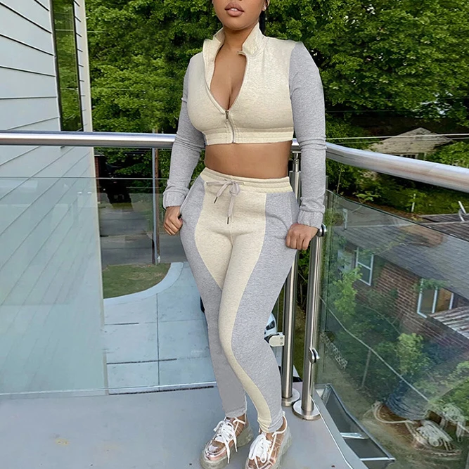 

FS1669D women long sleeve contrast color jacket and pants Two Piece Sets casual outfit