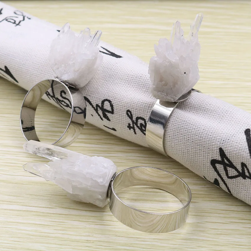 

Personalised natural crystal quartz cluster napkins wedding table decoration napkin ring, White