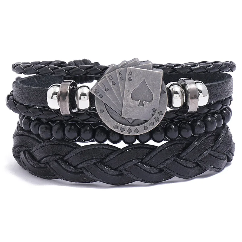 

New Vintage Jewelry Playing Card Alloy Parts Mens Jewelry Braided Black Leather Bracelet Diy Suit, Picture shows