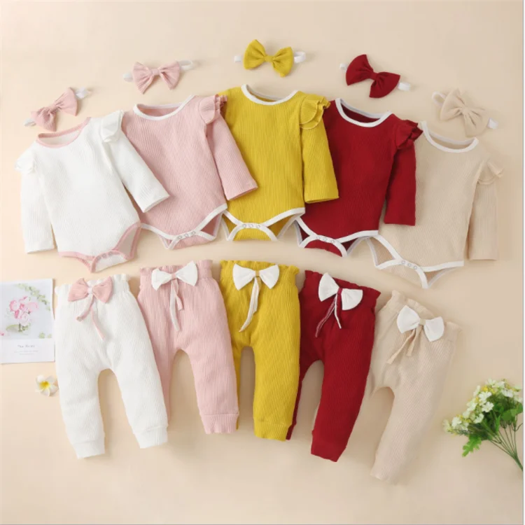 

Baby Autumn Winter Kids Clothing Set Solid Romper Bowknot Pant Pijamas Toddler Clothes Suit