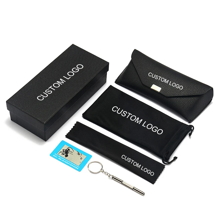 

Wholesale PU Square Buckle Glasses Case Set Custom Logo Eyeglasses Bag and Cloth Fashion Sunglasses Cardboard Packaging Box, 2 colors