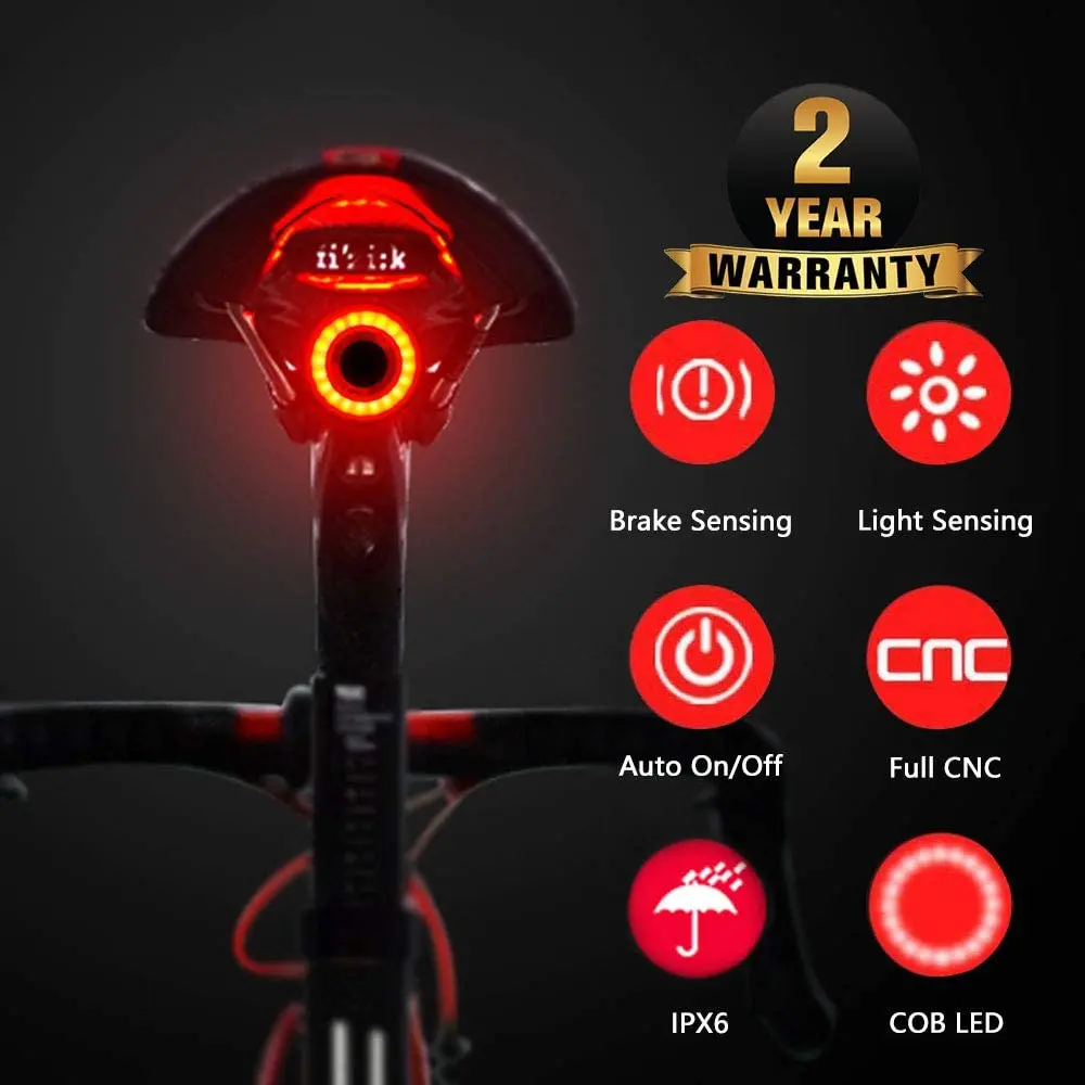 

Bright Auto On/Off Red Back Led Warning Flashlight Easy Mount Cycling Safety Warning Rechargeable Sensing Smart Tail Bike Light